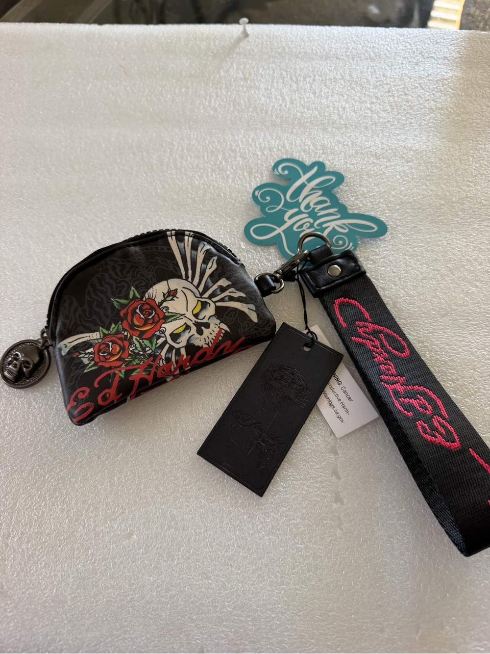 Ed Hardy Black Coin Pouch with Skull, Red Roses & Pink Logo Wristlet